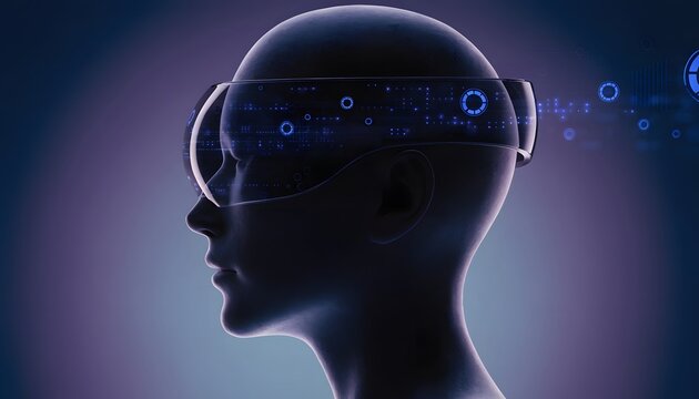 Futuristic digital profile and advanced technical data overlay. Artificial intelligence network and computing concepts. Silhouette profile of head wearing futuristic tracking visor