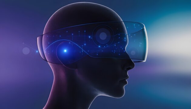 Cybernetic profile view and holographic neural connection interface. Advanced data processing and machine learning technology. Silhouette of futuristic human head using smart display visor