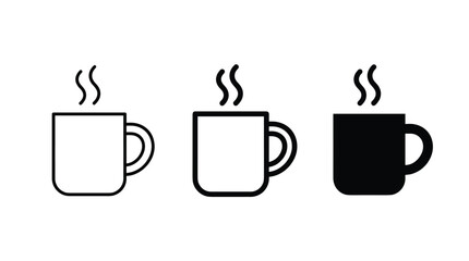 Three steaming mugs in outline flat and solid black styles on white background for beverage concepts