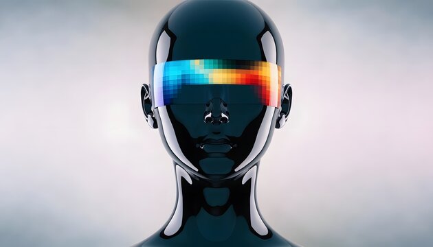 Dark metallic robot model wearing a sleek horizontal gradient visor. Web design interface and data streams. Cyberpunk character facing forward in a misty setting