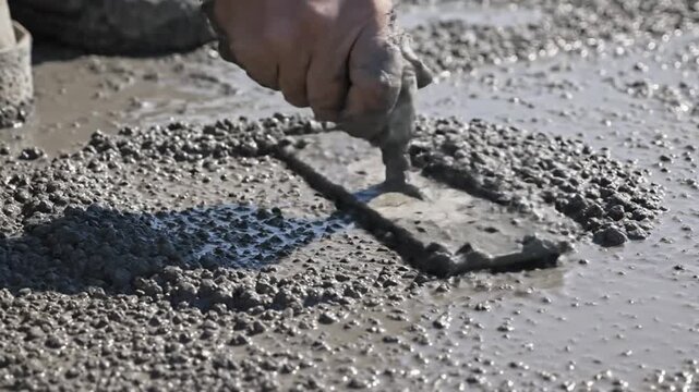 Smoothing wet concrete, a middle-aged man with fair skin uses a metal trowel to level the surface at a construction site.