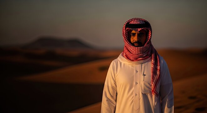 Portrait of a Saudi Man in Traditional Thobe and Shemagh in the Desert at Sunset