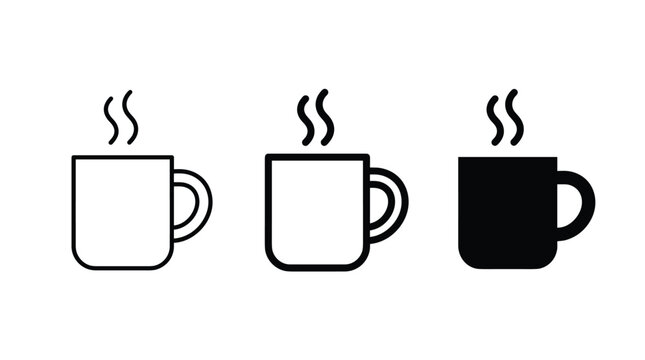 Three steaming mugs in outline flat and solid black styles on white background for beverage concepts