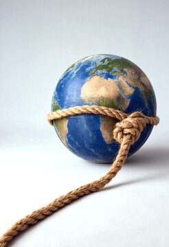 Conceptual image of the earth tied with a thick rope symbolizing global constraints and environmental challenges