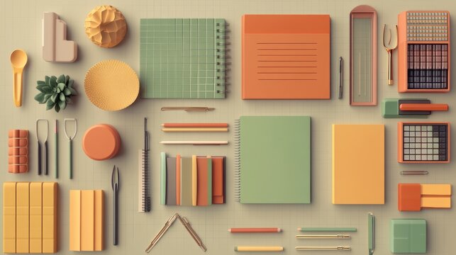 Flat lay of assorted colorful stationery and objects on a neutral background