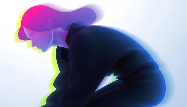 Side view of a glowing human figure profile. Psychological data mapping and mental health tech. Person leaning forward with vibrant neon aura highlights.