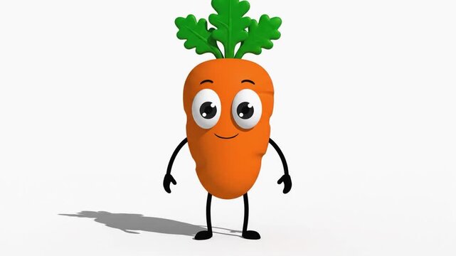 Animated 3D carrot character walks and waves on a white background. This cute anthropomorphic vegetable mascot has a happy face.