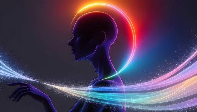 Creative human mind thinking and neural connection intelligence. Abstract digital art flow and psychological aura concepts. Silhouette profile of human head touching glowing neon wave lines
