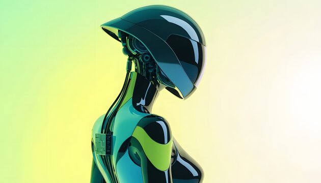 Polished dark metallic female android side view. Automation software and global connection networks. Futuristic glossy humanoid robot standing against a soft yellow and green gradient