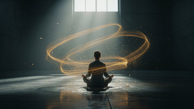 Person meditating with golden light trails and particles, concept for wellness, mindfulness and personal growth promotion