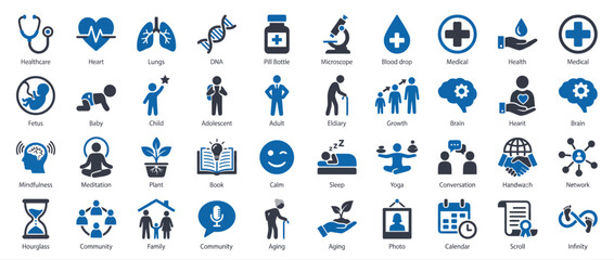 Naklejka premium Medical and lifestyle icon set. Healthcare, wellness, and human development vector symbols.