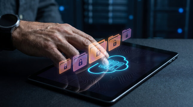 Man accessing secure cloud computing with digital tablet connecting to data server room network.