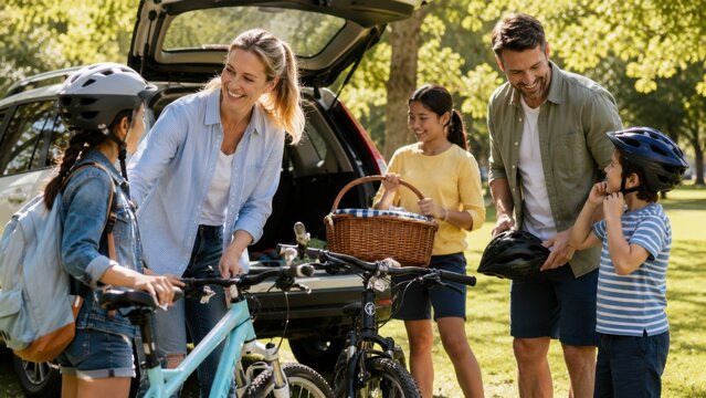 Family preparing for a bike ride in a park, loading bicycles and picnic basket into the back of an SUV on a sunny day surrounded by trees