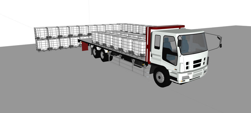 Flatbed Truck Transporting Intermediate Bulk Containers (IBC) &ndash; 3D Render