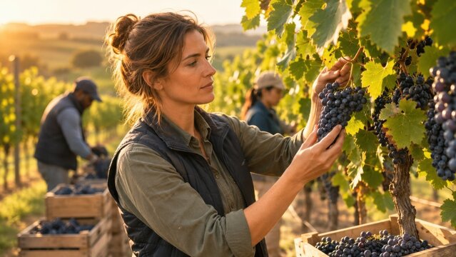 Female vineyard worker harvesting ripe grapes during sunset in a lush vineyard with wooden crates and fellow workers visible in the background