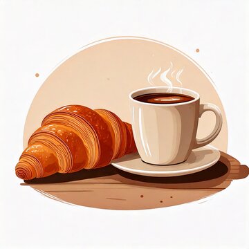 Vector illustration of a fresh golden croissant next to a steaming hot cup of coffee on a saucer for breakfast concept