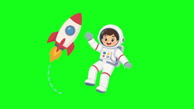 Astronaut floating in space with planets, 2D animation