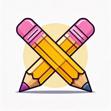 A cute cartoon vector icon of two crossed yellow pencils with pink erasers, perfect for education and design