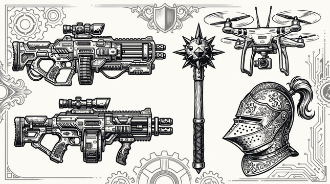 Medieval and Futuristic Weapons Vector Art &mdash; Knight Helmet, Drone, and Sci‑Fi Guns Illustration