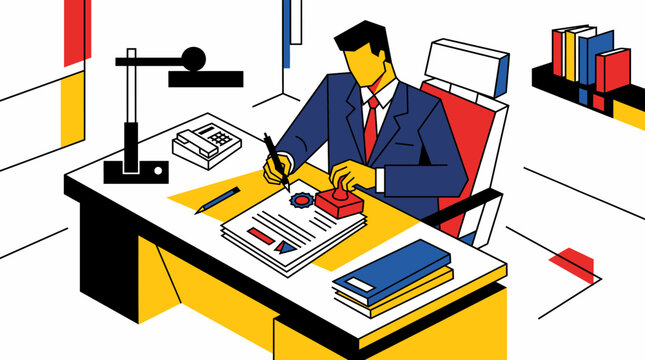 notary public in a blue suit and red tie sits at a desk, signing documents with a pen in hand, surrounded by office supplies and books.