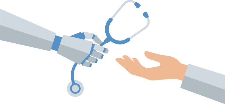 Futuristic robot hand passing stethoscope to human hand. Symbolic representation of machine learning in modern medicine.