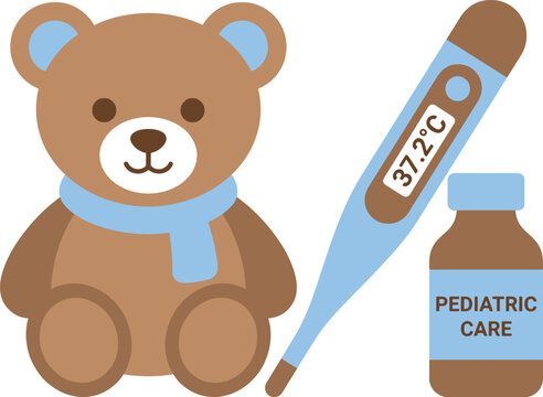 Child medical checkup kit including plush toy and health tools. Supplies for pediatric clinical wellness services.