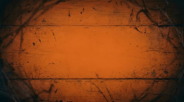 Spooky halloween wooden wall with cobwebs and bats dark orange textured background
