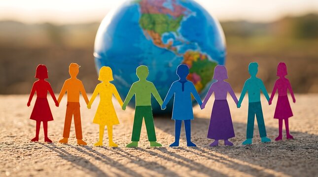Diverse children holding hands in front of a colorful globe