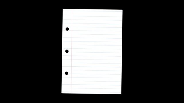 Single sheet of lined notebook paper with binder holes on black background