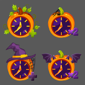 Cartoon Halloween Pumpkin Clocks Set Game UI Icons