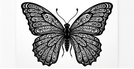 Full body black butterfly silhouette, facing forward. Intricate wing patterns and body details on white. Elegant design. © Raisul