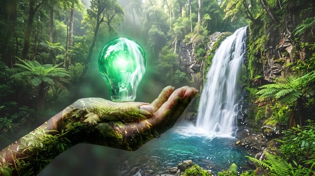 Eco-friendly Sustainable Green Energy Concept with Glowing Lightbulb held by Nature's Hand in Tropical Rainforest