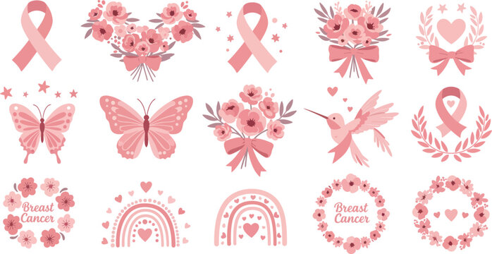 A collection of watercolor pink breast cancer awareness elements featuring ribbons flowers butterflies rainbows and decorative frames on white background