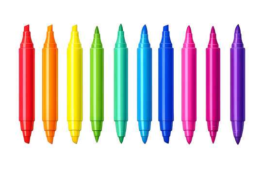 Colorful markers arranged in a line with various tips on transparent background