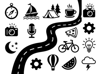 Travel and Adventure Icons Collection: Road Trip, Camping, Photography, Food, and More © ahmad