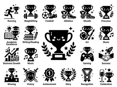 Trophy Icons Set: Sports, Academics, Business, Success, and Celebration