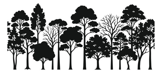Black forest silhouette vector, panoramic tree line border with deciduous and coniferous trees, nature landscape horizon for environmental design © Ali