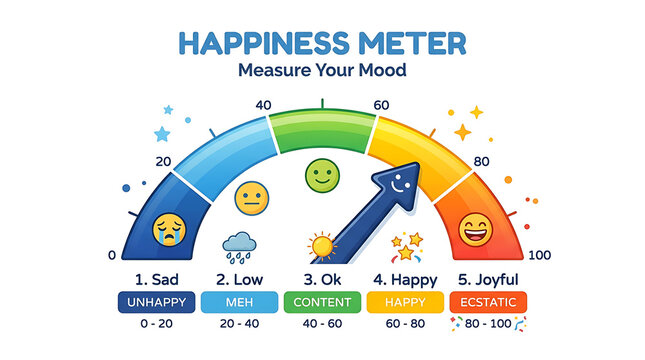 Mental health assessment gauge showing levels of satisfaction with colorful icons and needle pointer infographic for psychological tracking