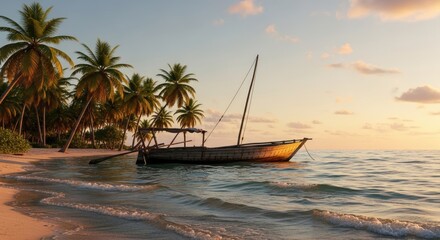 Obraz premium Traditional wooden boat on a tropical beach at sunset
