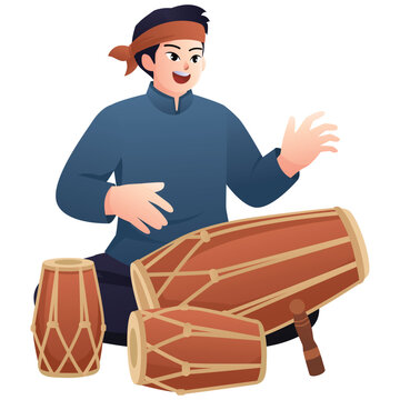 Illustration of an Indonesian musician playing kendang drums for traditional music, performance, and cultural event themes.