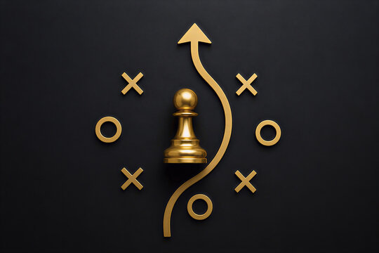 Golden chess pawn with strategy path and upward arrow business concept