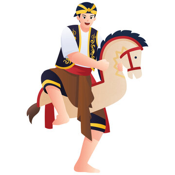 Illustration of Kuda Lumping dancer riding woven horse for Indonesian traditional art and cultural performance themes.
