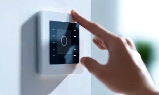 Person using smart thermostat on wall controlling home climate temperature digitally.