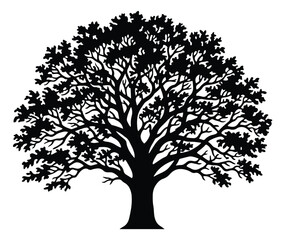Fototapeta premium Oak tree silhouette with spreading branches, black leaf tree vector icon, majestic old growth tree illustration for landscape design