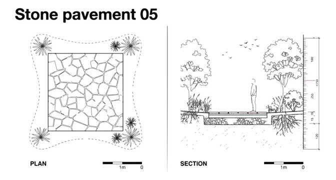 Stone pavement 05 architectural plan and section vector, landscape design technical drawing with flagstone paving, outdoor garden walkway detail
