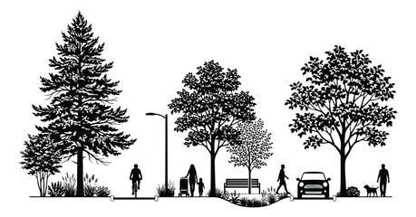 Urban streetscape section vector, architectural landscape design with trees and people silhouettes, sustainable city planning illustration © Ali