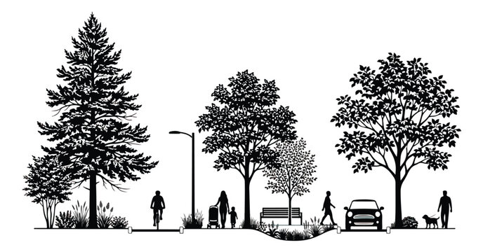 Urban streetscape section vector, architectural landscape design with trees and people silhouettes, sustainable city planning illustration