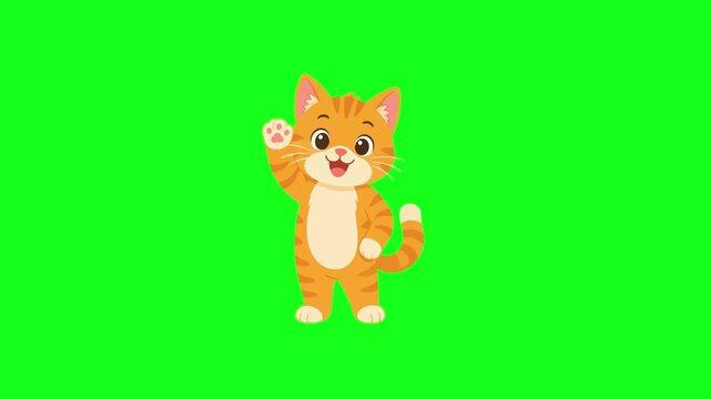 Cute cat waving hello, 2D vector animation, green screen