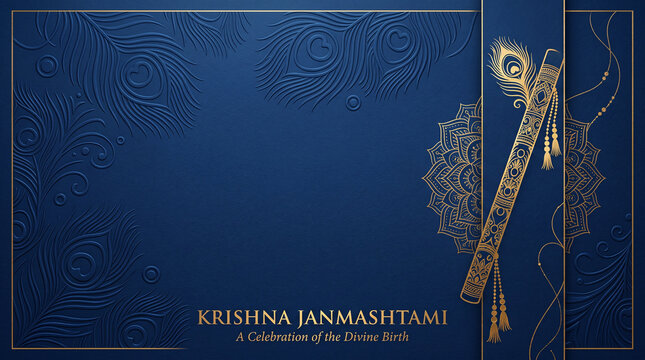 Elegant blue background for Krishna Janmashtami with golden flute and peacock feather patterns