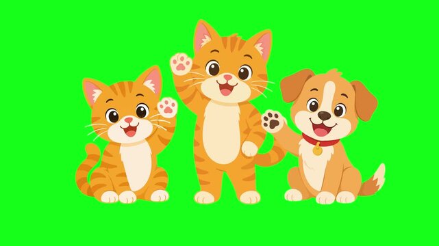 Cute cat and dog waving hello, petshop, 2D vector animation